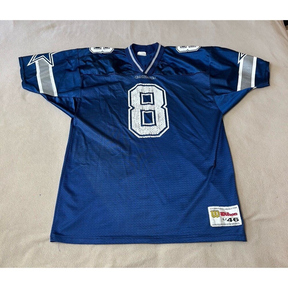 Vintage Wilson Troy Aikman Dallas Cowboys Football Jersey #8 Mens Size L 46 Blue
